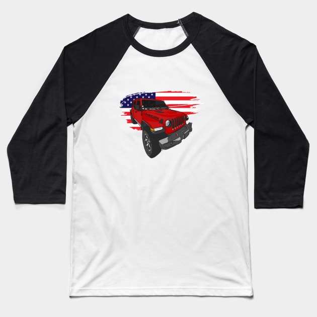 Jeep Wrangler with American Flag - Red Baseball T-Shirt by 4x4 Sketch